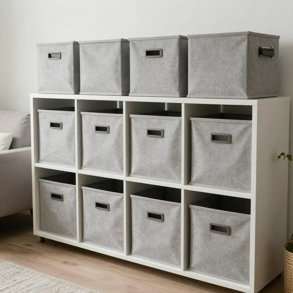 Modern fabric storage cubes in a living room setting