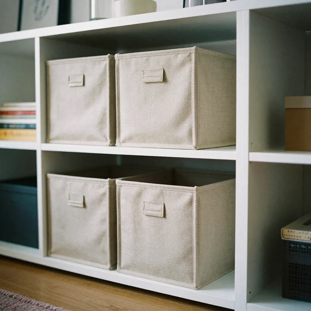 Medium fabric storage cube in neutral tones