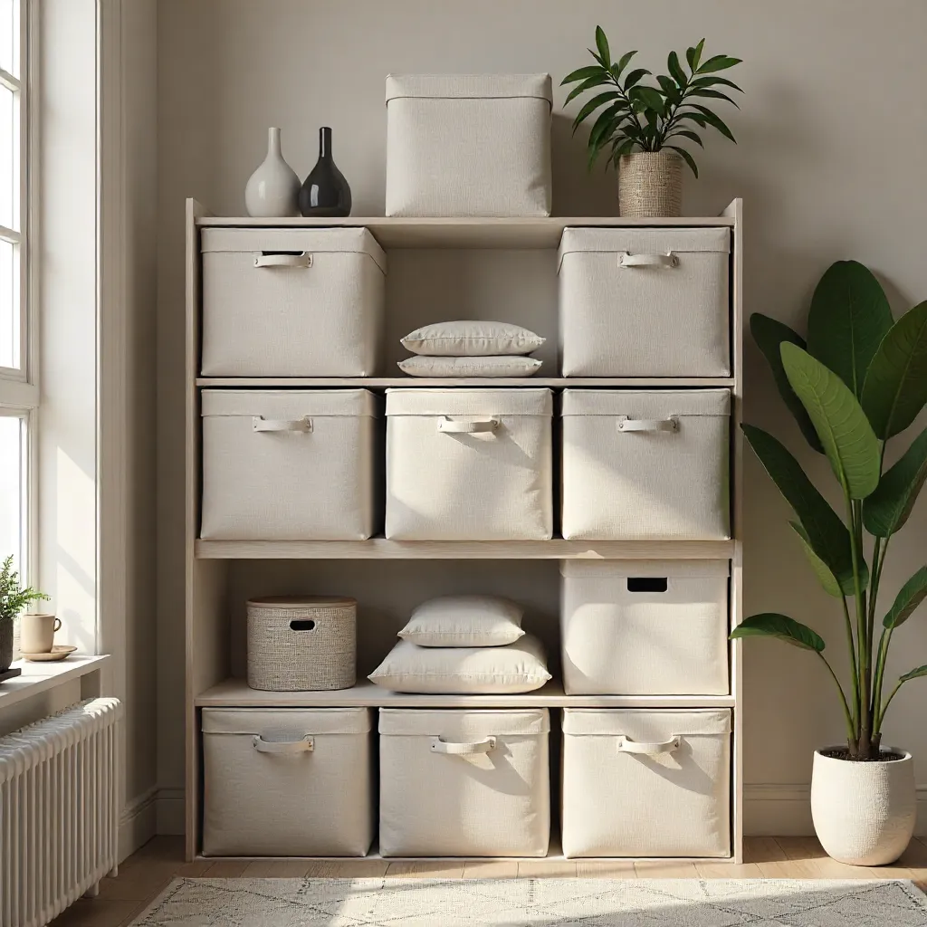 Living room with fabric storage cubes on shelves