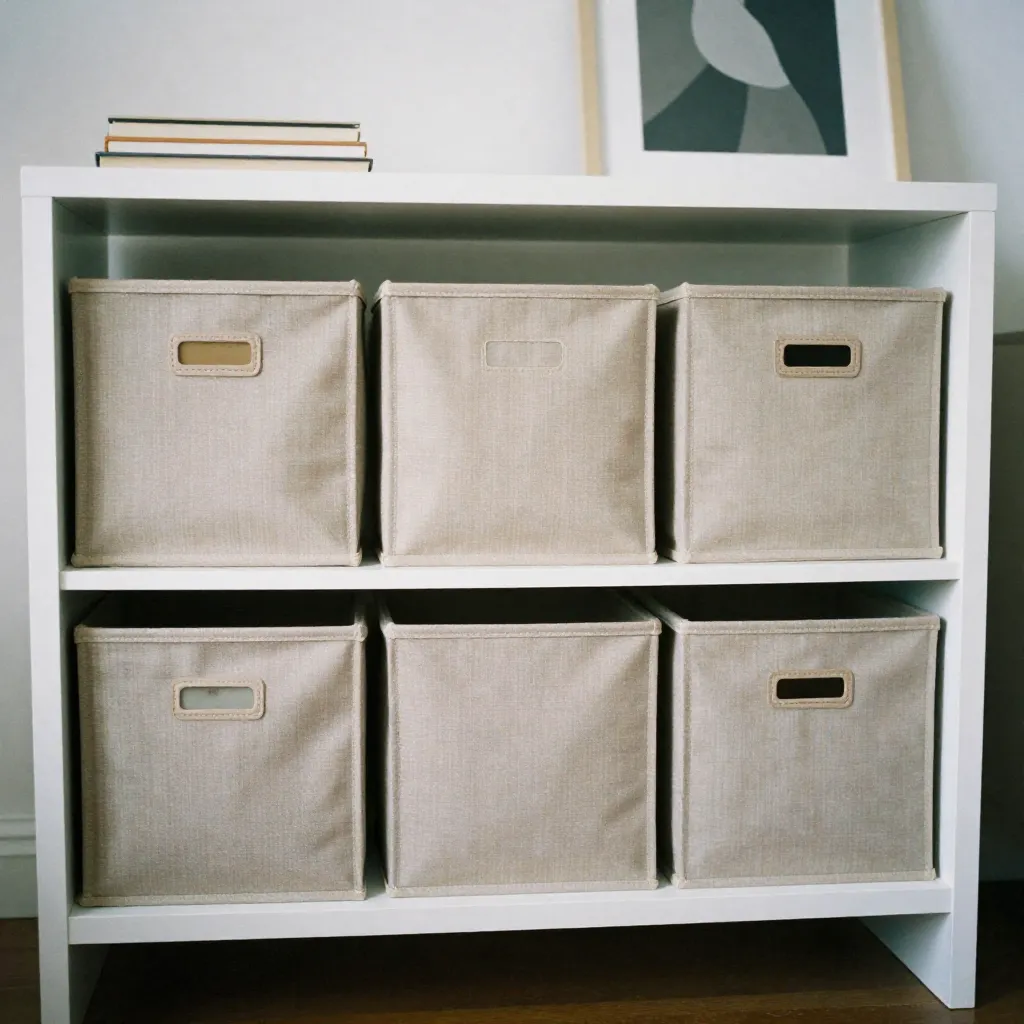 Bedroom closet with fabric storage boxes