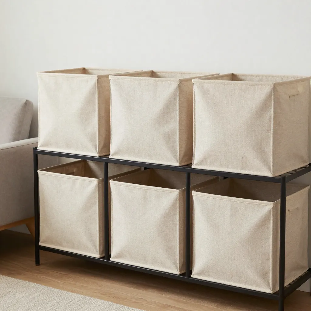 Stacked fabric storage cubes in neutral colors