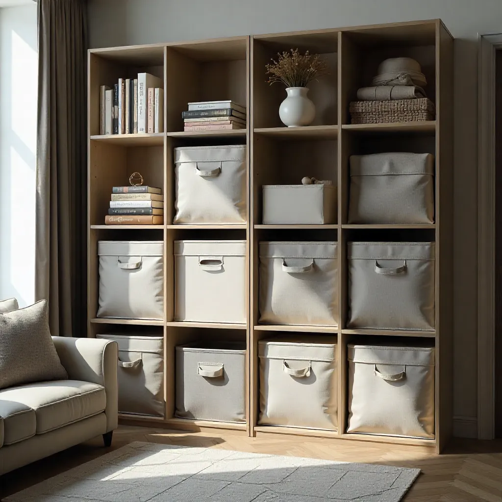 Colorful fabric storage boxes on a shelf